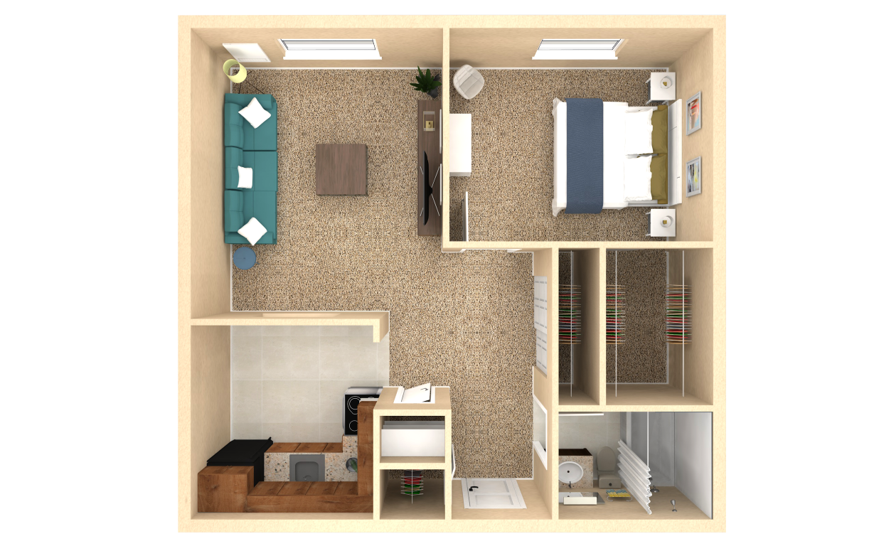 Floor plan for 1 bed, 1 bath, 624 sqft